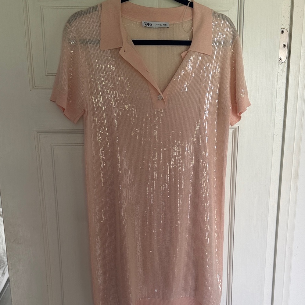 Zara Pale Blush Sequin Polo Dress - Picture 3 of 4